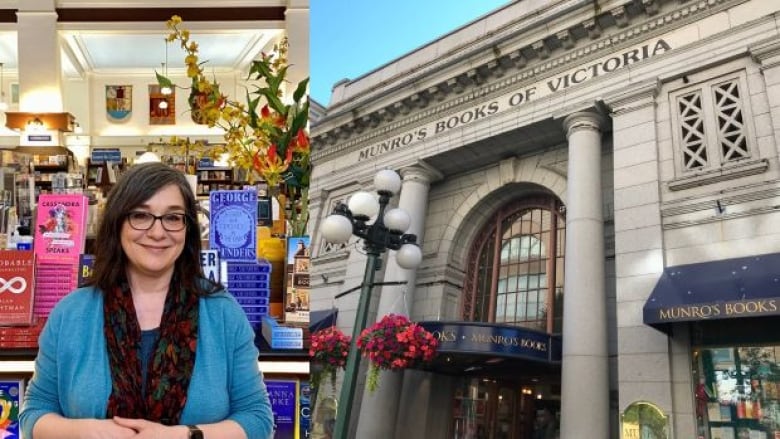 On the left is a woman wearing a blue sweater and scarf, glasses, and dark bob hairstyle standing in front of a display of books smiling at the camera. On the right is the storefront of a bookstore that has flower baskets hanging on a lamppost outside of it. 