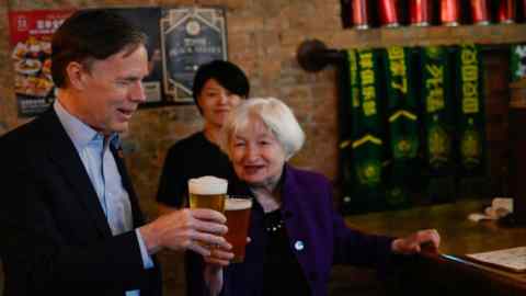 Treasury secretary Janet Yellen with the US ambassador to China, Nicholas Burns, in Beijing last week