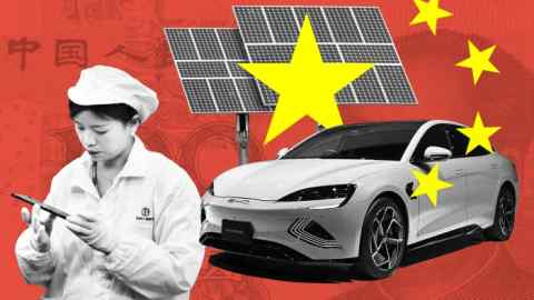 Montage of images of an electric car, solar panels and a factory worker with a smartphone against a red background with overlaid with the yellow starts from the Chinese flag