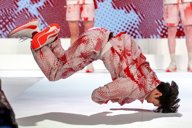 Canadian breaking athlete wears a creation at the reveal of lululemon's Team Canada uniforms for the Paris 2024 Olympics, in Toronto April 16, 2024.