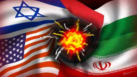 James Ferguson illustration of Israel, Palestinian, Iran and US flags spiralling into an explosion