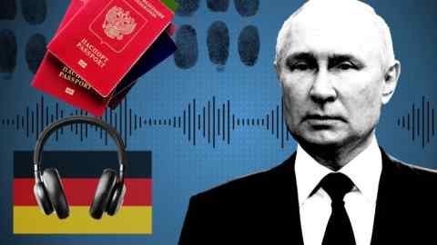 Montage of Vladimir Putin, German flag, headphones, passports and fingerprints