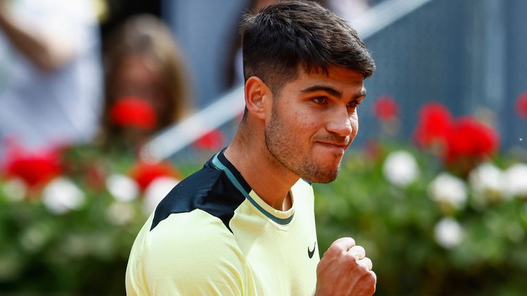 Carlos Alcaraz of Spain celebrates after winning against Alexander Shevchenko of Kazakhstan during the Mutua Madrid Open 2024, ATP Masters 1000 and WTA 1000, tournament celebrated at Caja Magica on April 26, 2024 in Madrid, Spain. AFP7 26/04/2024 (Europa Press via AP)