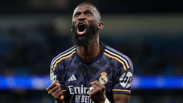 Antonio Rudiger celebrates after scoring Real Madrid's winning penalty against Man City