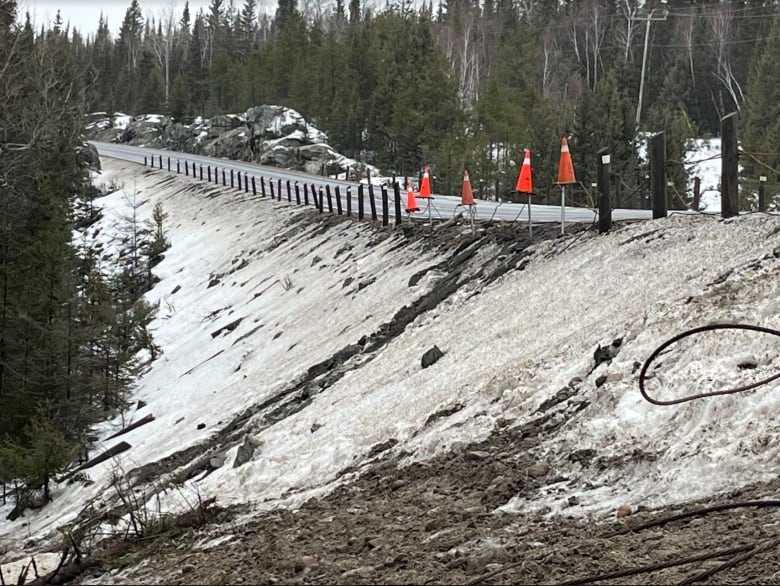 Image of a highway surrounded by snowy plains and trees, with some bright orange pylons marking risky curves on the road.