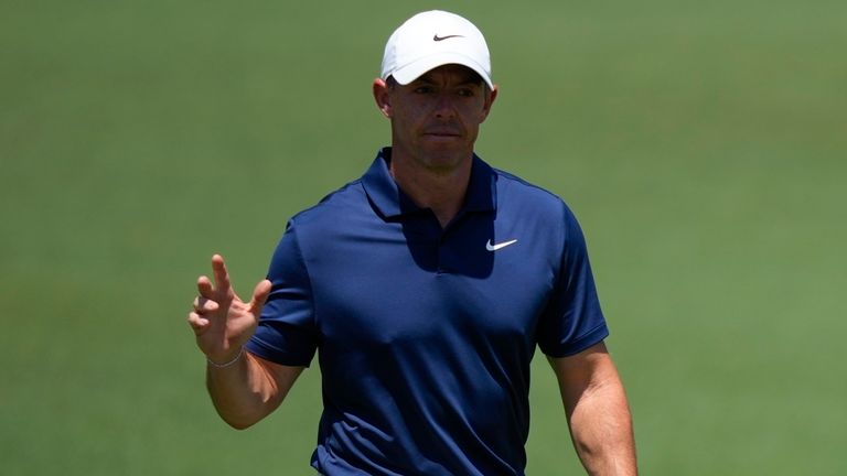 Rory McIlroy, of Northern Ireland, walks to the green on the second hole during final round at the Masters golf tournament at Augusta National Golf Club Sunday, April 14, 2024, in Augusta, Ga. (AP Photo/Matt Slocum)