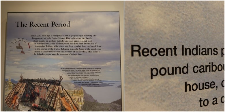 A close up of information panels in a museum exhibit featuring the word "Indian."