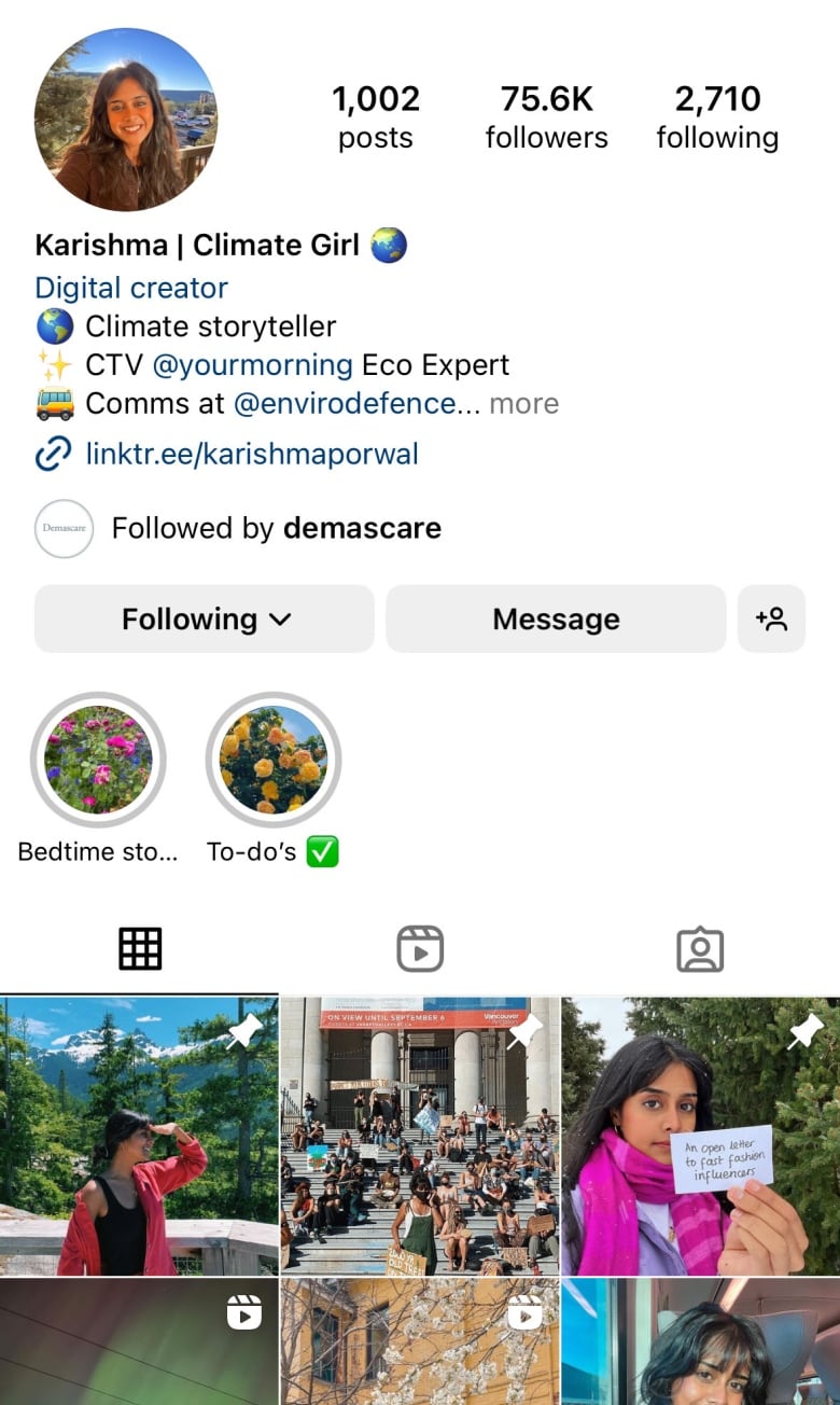 A social media account for a climate content creator.