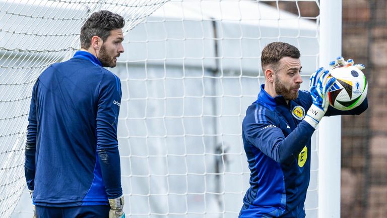 GLASGOW, SCOTLAND - MARCH 19: Craig Gordon and Angus Gunn during a Scotland training session at Lesser Hampden, on March 19, 2024, in Glasgow, Scotland.  (Photo by Craig Foy / SNS Group)