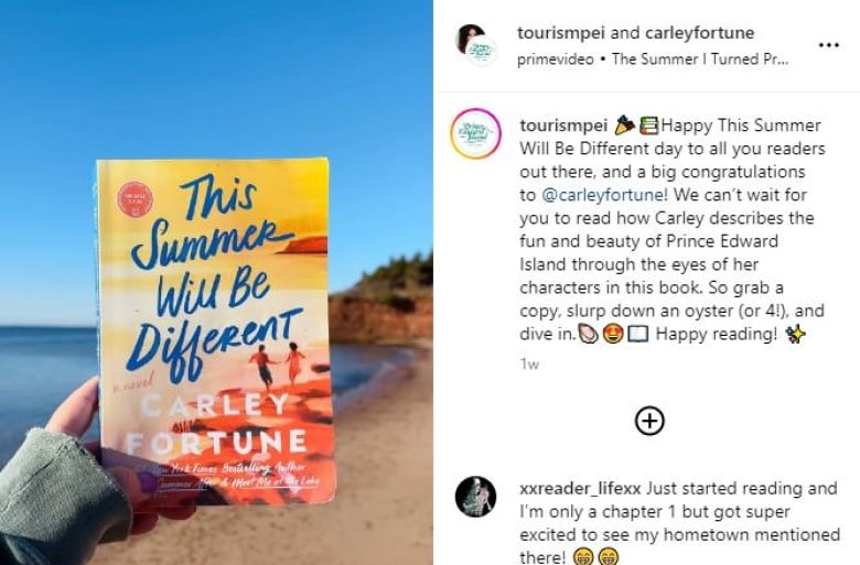 An instagram  post shows a hand holding a  book that says "This Summer Will be Different" on a beach