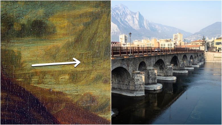 On the left, a closeup of a bridge in the Mona Lisa with an arrow drawn over it. On the right, a photograph of a similar looking bridge crossing a river in a mountainside Italian city.