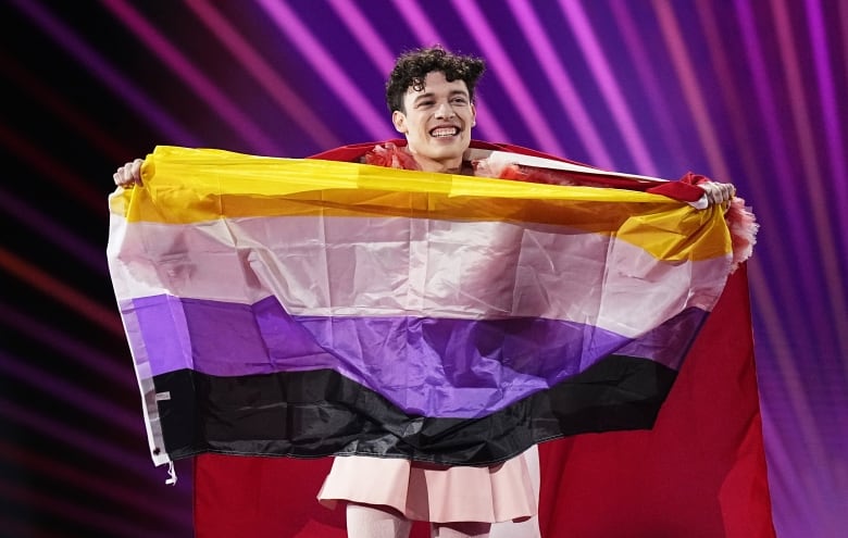 A smiling person holds up a flag made up of horizontal yellow, white purple and black stripes representing the non-binary community.  