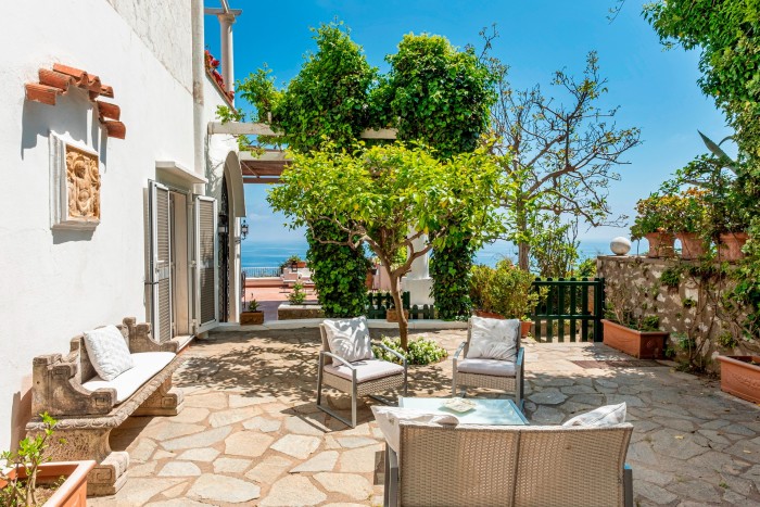 A terrace at the side of a whitewashed traditional villa with stone paving, trees, plants in terracotta pots and the view of a deep blue sea under blue skies