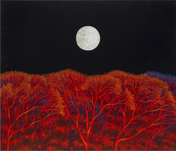 A painting of a full moon in a black sky above a red forest