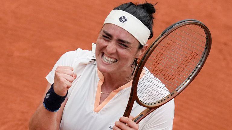 Tunisia's Ons Jabeur celebrates winning her second round match of the French Open tennis tournament against Colombia's Camila Osorio at the Roland Garros stadium in Paris, Wednesday, May 29, 2024. (AP Photo/Christophe Ena)