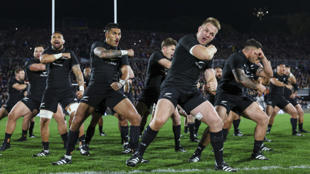 All Blacks captain Sam Cane leads the haka at Mt Smart Stadium.