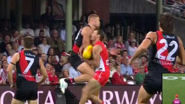 Essendon's Peter Wright is facing the tribunal over this hit on Harry Cunningham.