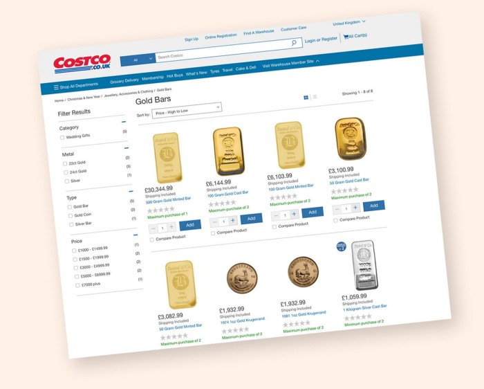 Gold bars of varying sizes available at Costco online