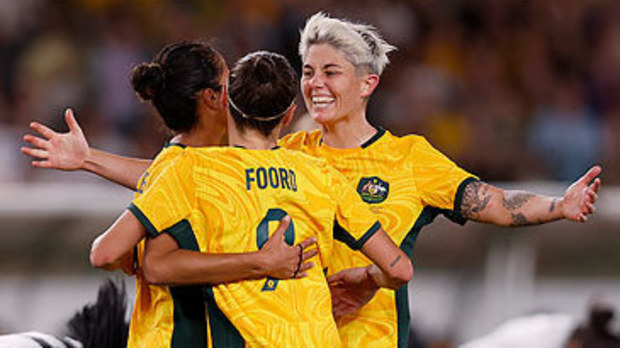 Matildas Mary Fowler, Caitlin Foord and Michelle Heyman celebrate goal against Uzbekistan (Getty)