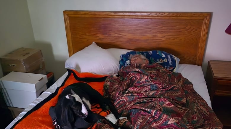 A black and white goat curled up on a messy bed next to a sleeping man