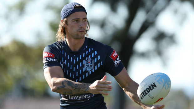 Nicho Hynes in action during a New South Wales Blues State of Origin training session last year. 