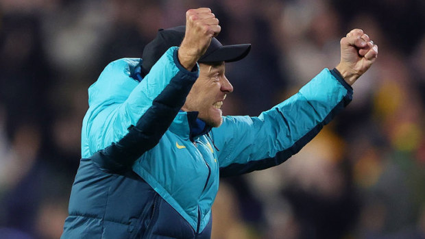 Tony Gustavsson, Head Coach of Australia, reacts after Michelle Heyman equalized during the international friendly match.