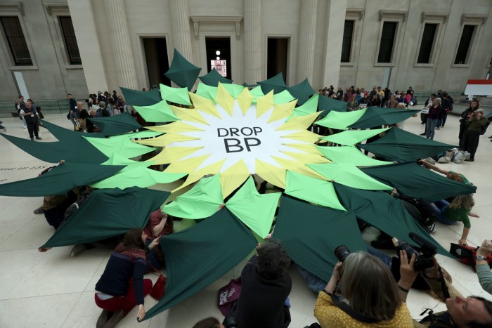 A ‘Drop BP’ sign is displayed at the British Museum in central London, during a protest by Extinction Rebellion protesters over the museums sponsorship deal with BP