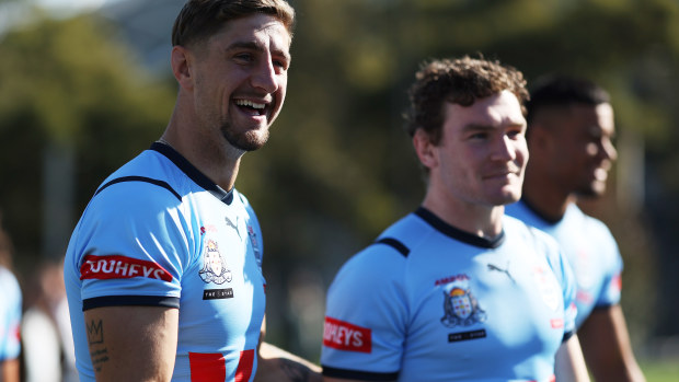 Zac Lomax looks on at the team photo during a New South Wales Blues State of Origin media opportunity.