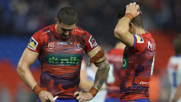 Dylan Lucas of the Knights reacts to the teams loss during the round 13 NRL match between Newcastle Knights and Canterbury Bulldogs at McDonald Jones Stadium, on May 31, 2024, in Newcastle, Australia. (Photo by Scott Gardiner/Getty Images)