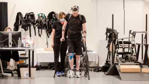 Gert-Jan Oskam, the first patient fitted with the ‘digital bridge’, in the laboratory in Lausanne, Switzerland