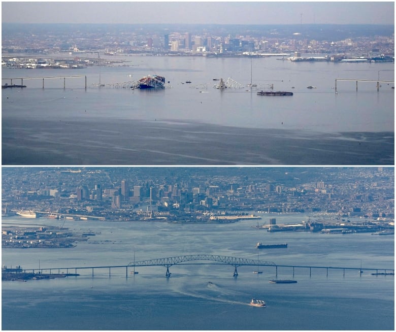 A combination photos shows an image on top of a bridge over a lake, and an image on the bottom of the same lake but the bridge collapsed.