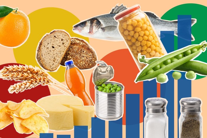 Montage of images of salt, pepper, an orange, cheese, crisps, beans, peas, fish, bread and grain