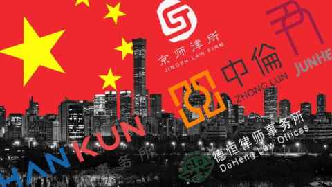 A montage with the names of some of the law firms against a Beijing skyline