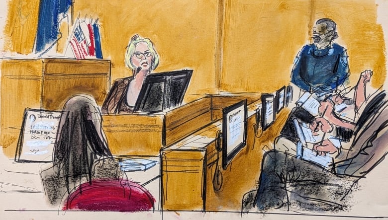 Sketch of people writing notes by hand in front of computer screens showing court evidence. We do not see their faces. 