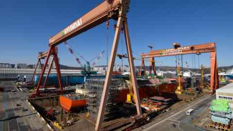 Ships under construction at the HD Hyundai Heavy Industries Co shipyard in South Korea