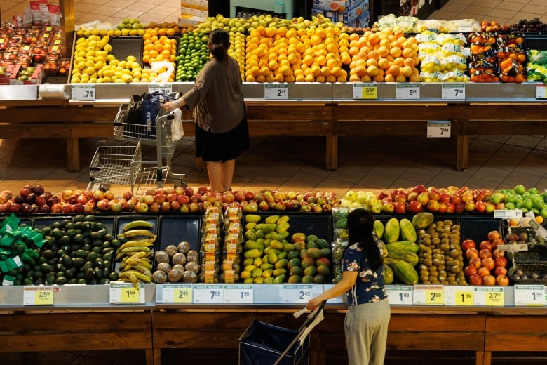 Two people by shopping carts in the fruit and vegetable section of a grocery store.