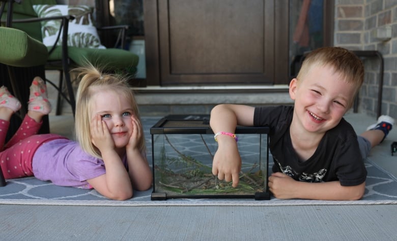 Two kids lay on their stomachs with a terrarium between them. It is filled with sticks and leaves. The boy points to the pink grasshopper inside.