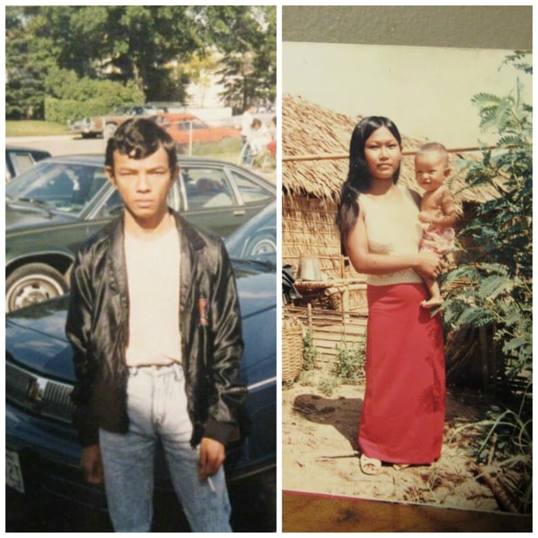 Two pictures are seen side by side. The one on the left shows a man in a black jacket and white shirt. The one on the right shows a woman in front of a thatched hut, holding a baby in her arms.