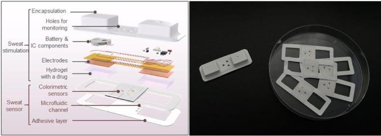 Schematic and Actual Photo of Wearable Device Enabling Drug Delivery for Sweat Induction and Disease Monitoring