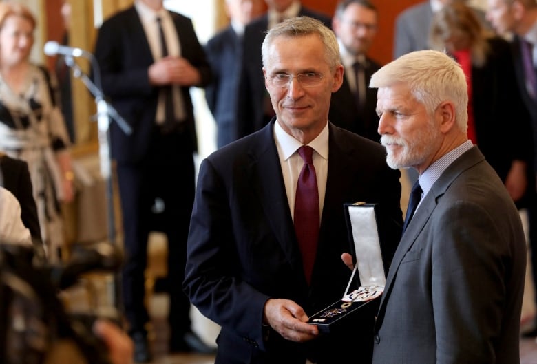 NATO Secretary General Jens Stoltenberg received an award  in Prague, Czech Republic, May 30, 2024. He called for NATO members to reconsider restrictions on western weapons supplied to Ukraine. 