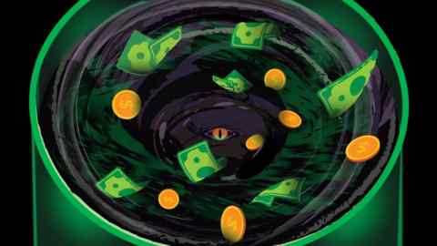 Efi Chalikopoulou illustration of a whirlpool eating up dollar coins and bills inside an oil barrel.