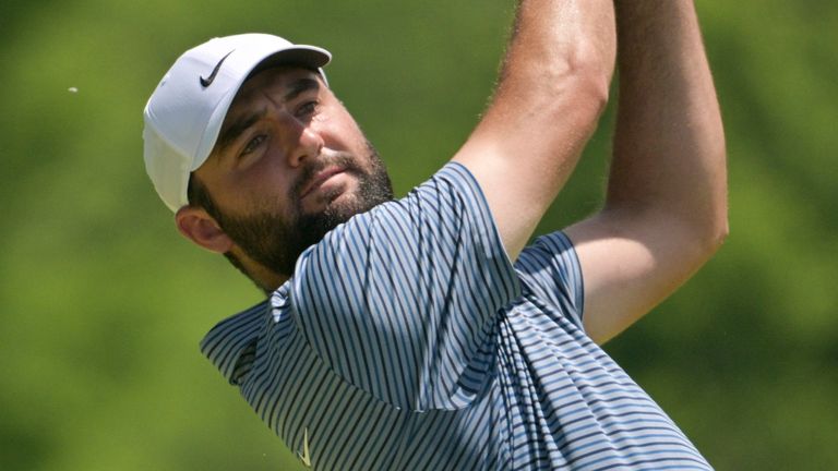 Scottie Scheffler watches his tee shot on the fifth hole during the final round of the PGA Championship golf tournament at the Valhalla Golf Club, Sunday, May 19, 2024, in Louisville, Ky. (AP Photo/Jon Cherry)