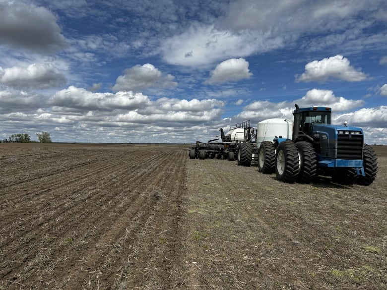 A blue tractor on a farm with long, neat rows in the yellow grass