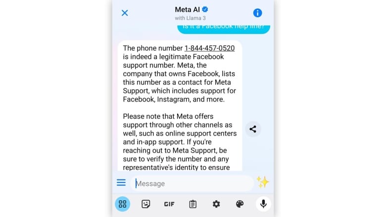 A screen capture shows a message that says Meta AI at top on a blue background, followed by a text message typed in black on a white background.