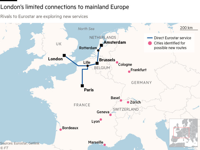 Map showing direct Eurostar service lines in London, Paris, Brussels and Amsterdam as well as cities identified for possible new routes in France, Switzerland, and Germany