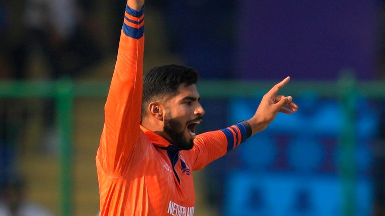 Netherlands' Aryan Dutt celebrates the wicket of Australia's Steve Smith 