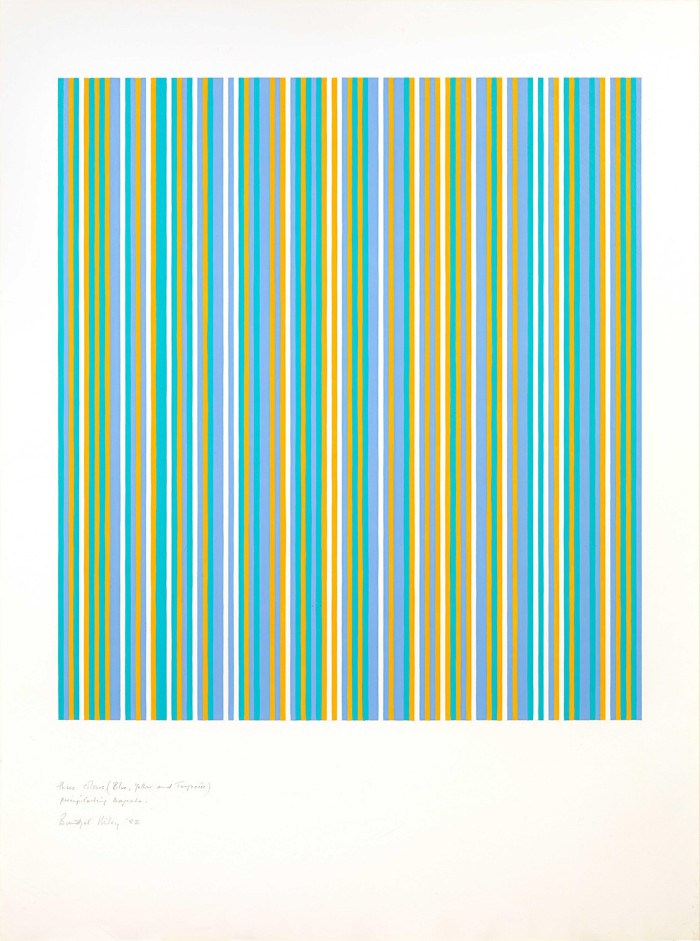 Three Colours (Blue, Yellow and Turquoise) Precipitating Magenta, 1982, by Bridget Riley