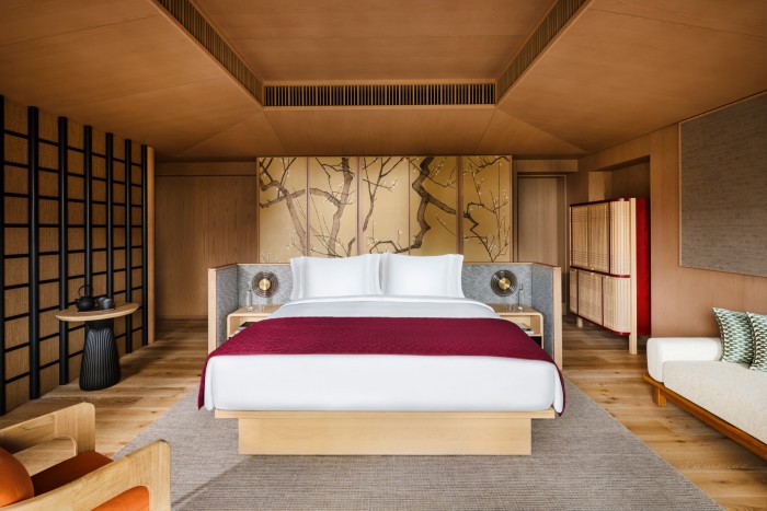 The master bedroom of the Six Senses Kyoto’s three-bedroom penthouse suite