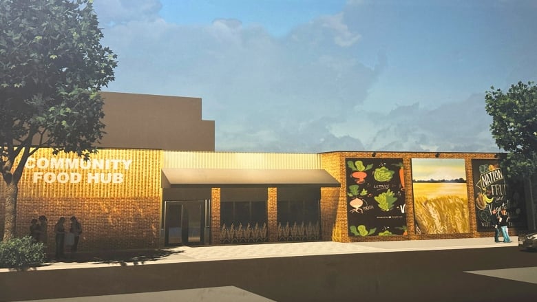 A rendering of the exterior of the Regina Food Bank Community Food Hub shows large signage surrounding the main entrance. 