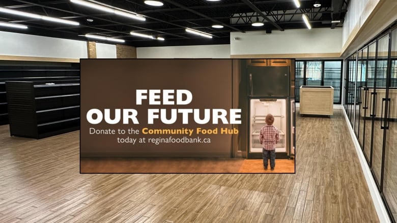 Photo of the new food bank behind a poster of a kid looking in a fridge that says Feed Our Future